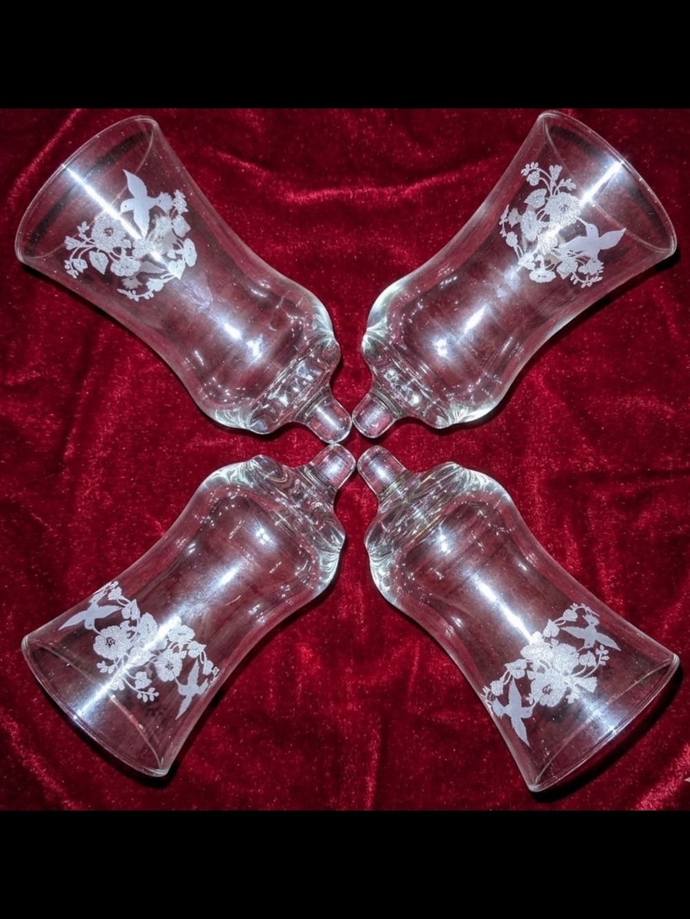 Vintage Etched Glass Hummingbird Floral Globes – Set of 4 – Cottagecore Home Dec